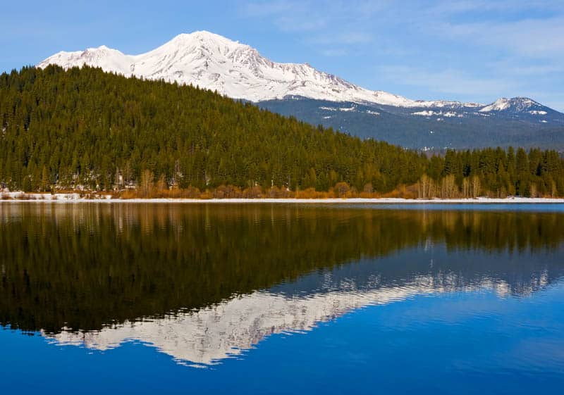 Mount Shasta reflected in Shasta Lake California