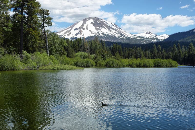 Manzanita Lake, with Lassen Peak behind, in Lassen Volcanic National Park in northeastern California