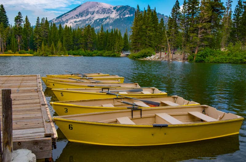 Boats lined up at a dock at Mammoth Lakes California