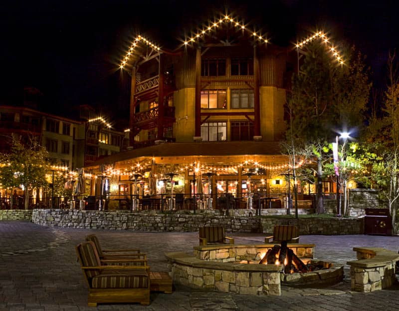 Mammoth Village lit up at night. Mammoth Lakes, California