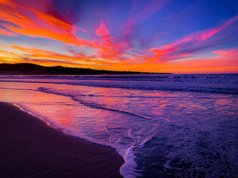 A fiery sunset at Del Monte Beach in Monterey, California