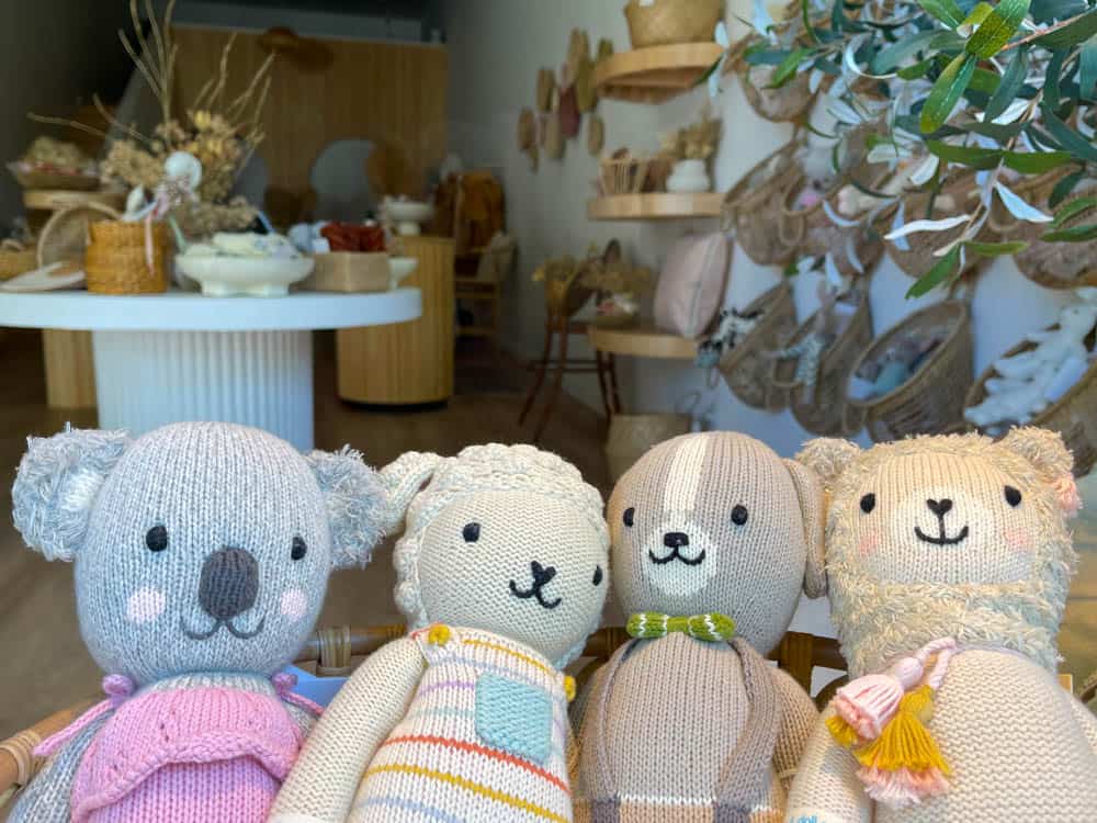 Display of cuddly toys in a store window in Healdsburg, California