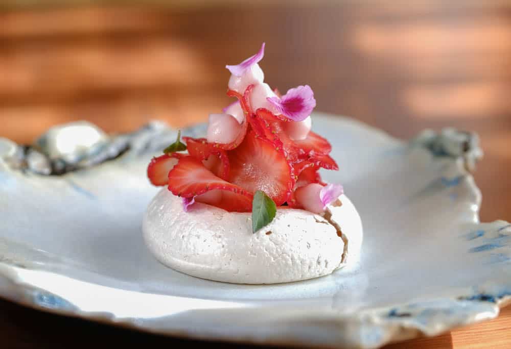 Strawberry with meringue and yuzu at Aubergine in Carmel, California