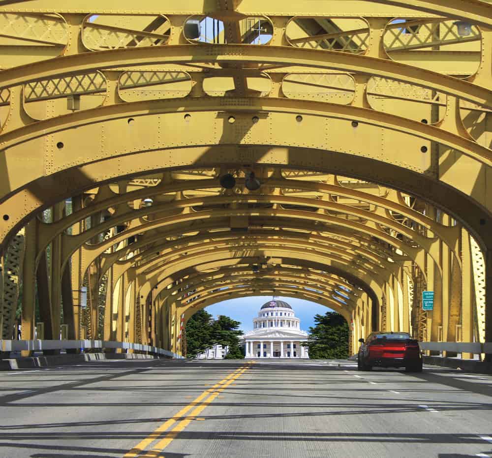 Tower Bridge in Sacramento, CA, is painted gold