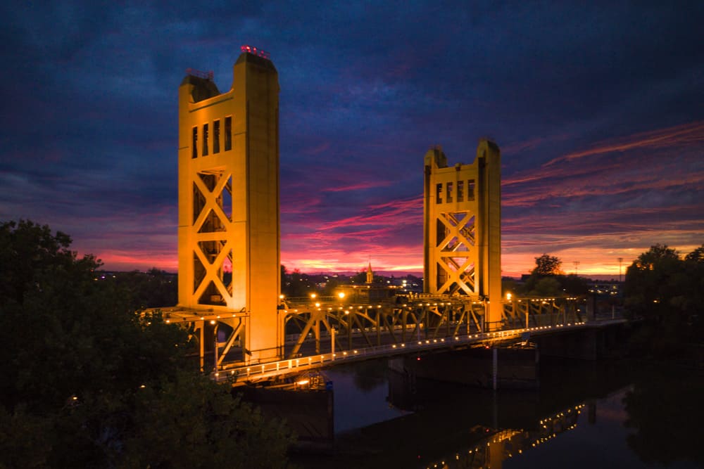 Tower Bridge in Sacramento, California, just after sunset 