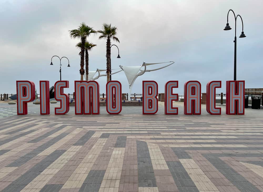 Pismo Beach sign at the Pier Plaza in Pismo Beach, California