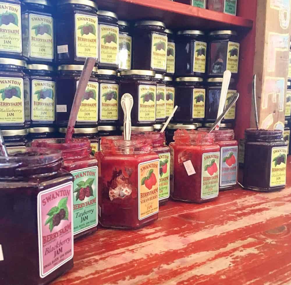 Swanton Berry Farm jams for tasting at the farm stand in Santa Cruz, CA