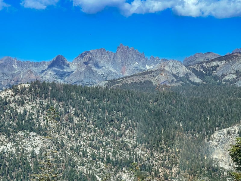 A view of Minaret Vista from the Red Meadow shuttle in Mammoth Lakes, California