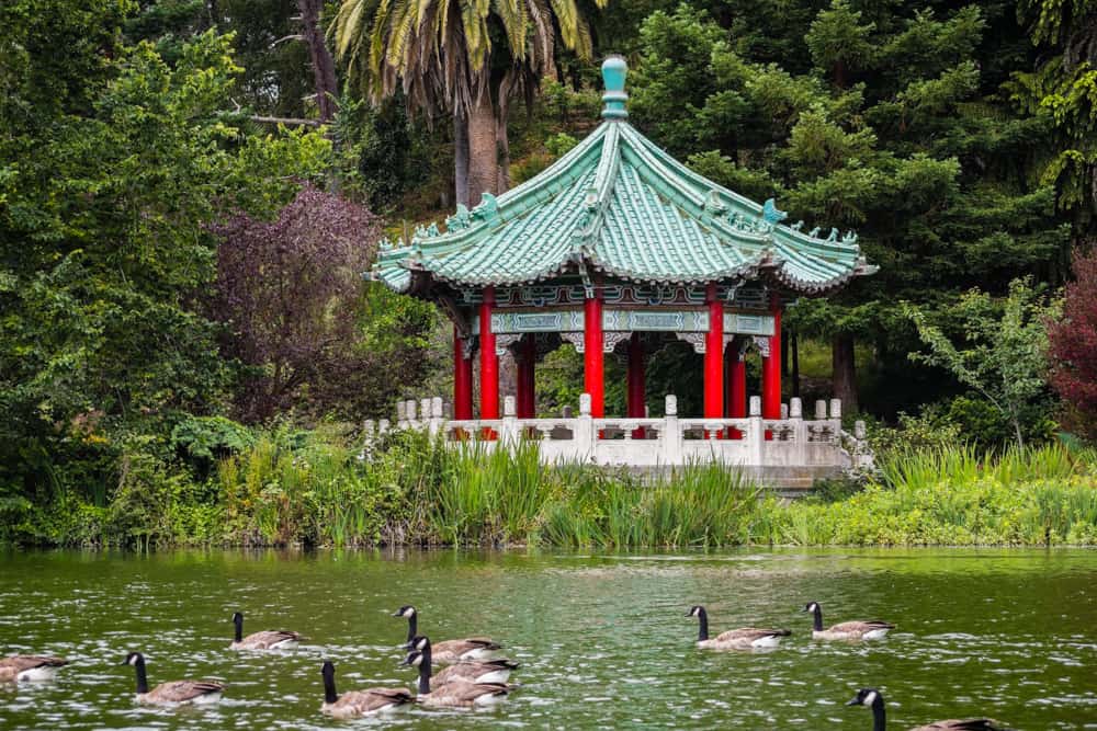 The Chinese Pavilion at Stow Lake in Golden Gate Park, San Francisco, CA