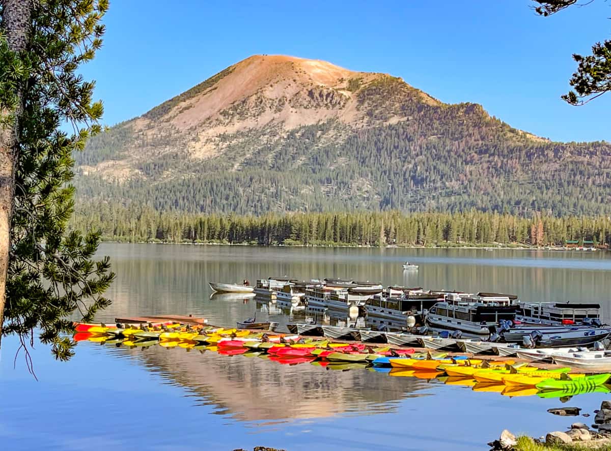 Canoes lined up at Lake Mary in Mammoth Lakes, CA