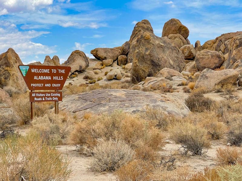 Welcome sign for the Alabama Hills in Lone Pine, California